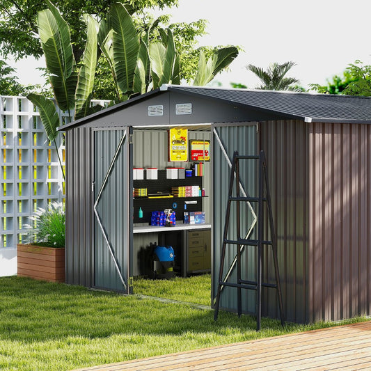 Large Outdoor Storage Shed/Tool Shed with Sloping Roof Design, Lockable Doors with Keys, 4 Ventilation Vents, 350x350x198cm, Grey