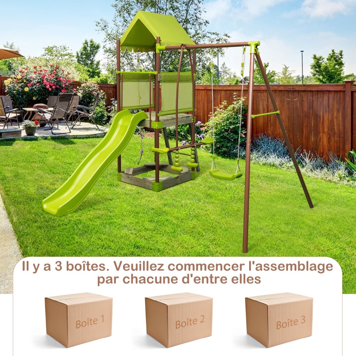 7-in-1 Metal Swing Set with Height-Adjustable Covered Fort, Climbing Rope, Sandpit, Slide, and Wavy Slide (Green)