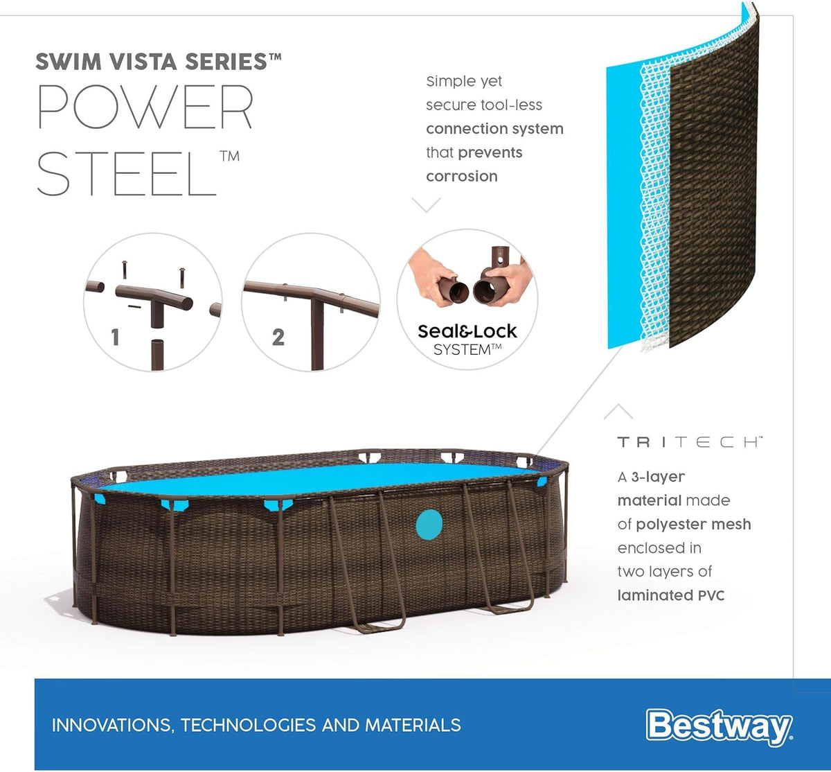 56946 Power Steel? Swim Vista oval pool 488 x 305 x 107 cm rattan pattern with portholes, sand filtration, ladder, cover and Chemconnect? diffuser