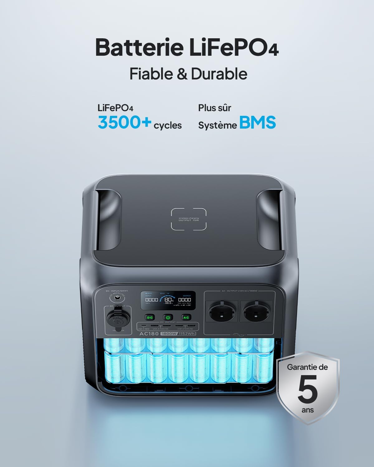 BLUETTI AC180 Portable Electric Generator, 0-80% in 45 Min, 1152Wh LiFePO4 Battery with 2 AC Outputs 1800W (2700W Peak), Portable Power Station for Camping, Travel, Power Outages