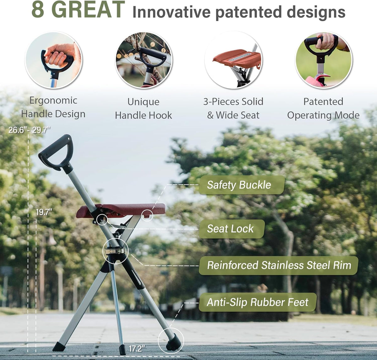 STEP2GOLD Ta-Da Chair Series 2 - Walking Stick with Seat, Lightweight Aluminum Frame, Sturdy Folding Stool (up to 136 kg), Easy to Fold, Ideal for Hiking and Outdoor Activities