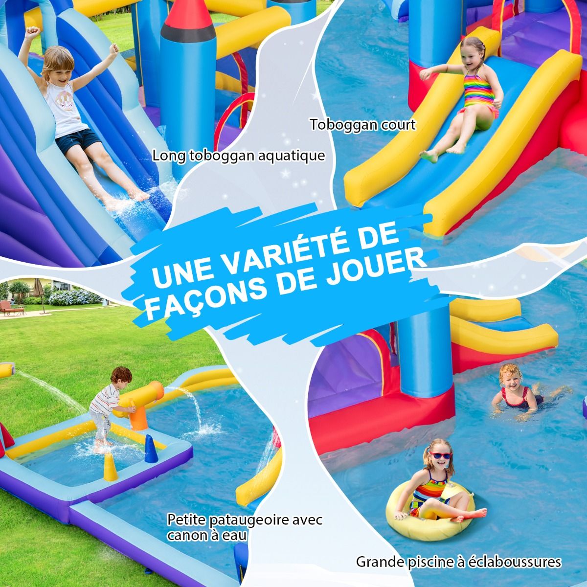 Inflatable Castle with Water Slides, Rocket Theme for Children, Swimming Pool, Jumping Area, Water Gun, Climbing Wall, 850W Blower, Multicoloured -
