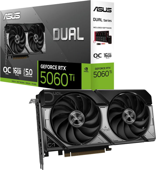 Asus Dual NVIDIA GeForce RTX 5060 Ti 16GB GDDR7 OC Edition   Graphics Card (PCIe 5.0 DLSS 4 HDMI 2.1b DisplayPort 2.1b 2.5-Slot Axial Fans 0dB Technology Dual BIOS)