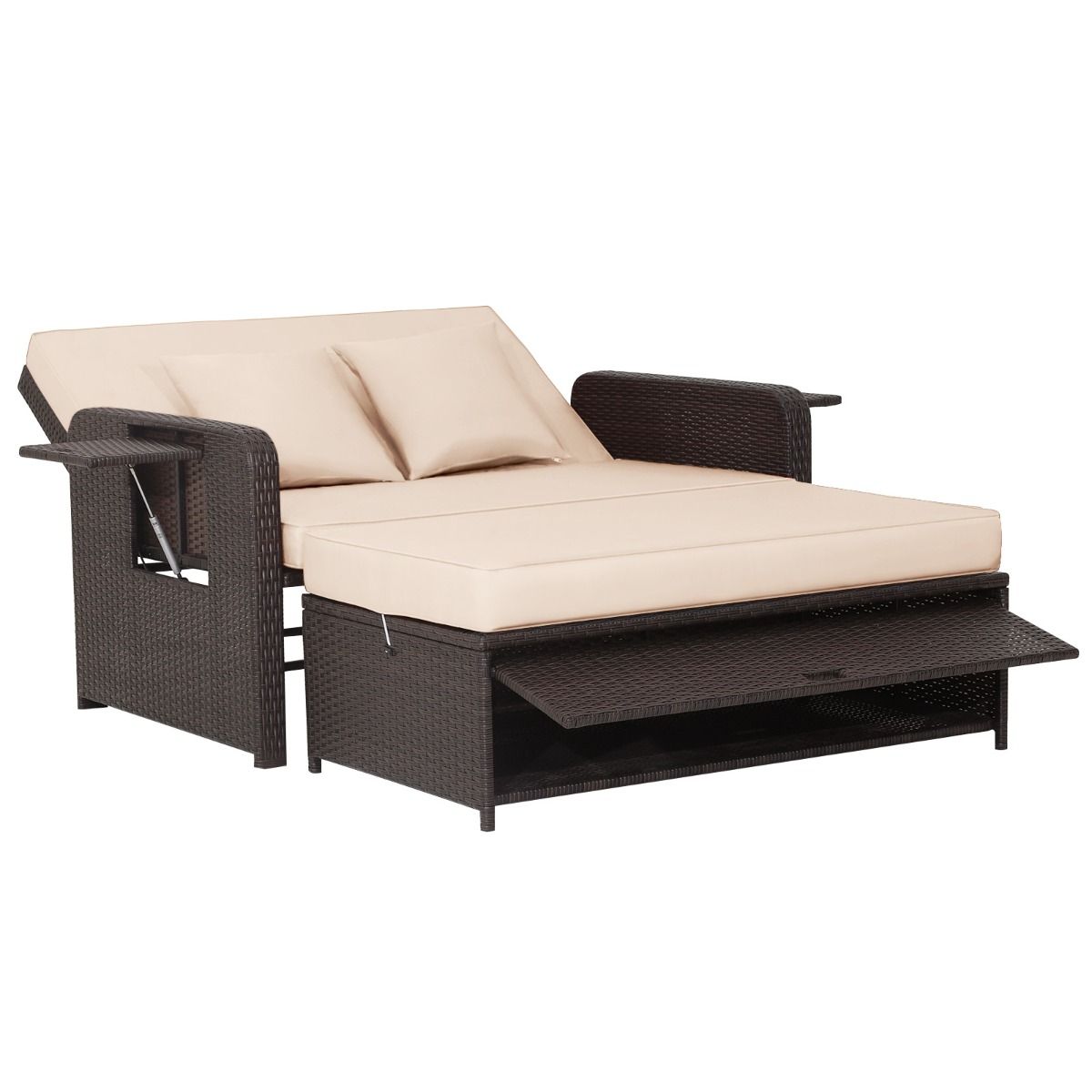 Adjustable Outdoor Garden Lounge Set with Bed, 2-Seater with Hidden Storage, 4-Level Adjustable Backrest in PE Rattan -