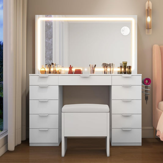 YITAHOME Large Dressing Table with Adjustable LED Lighting and Electrical Outlets, Dressing Table with Mirror, Clear Glass Top, 11 Drawers and Stool, White