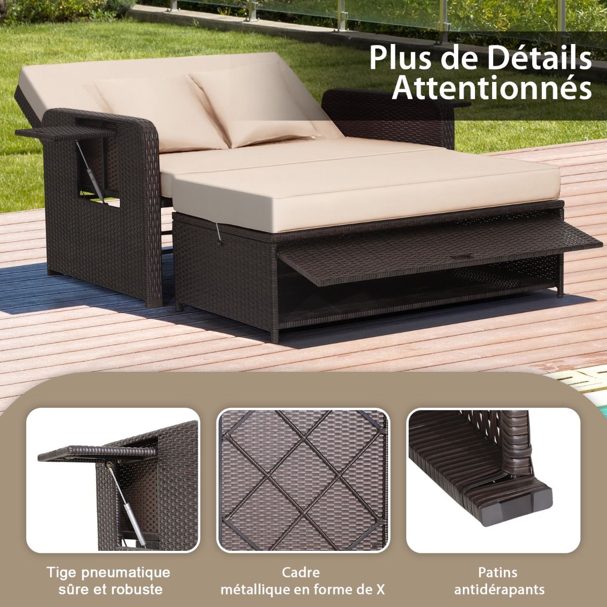 Adjustable Outdoor Garden Lounge Set with Bed, 2-Seater with Hidden Storage, 4-Level Adjustable Backrest in PE Rattan -