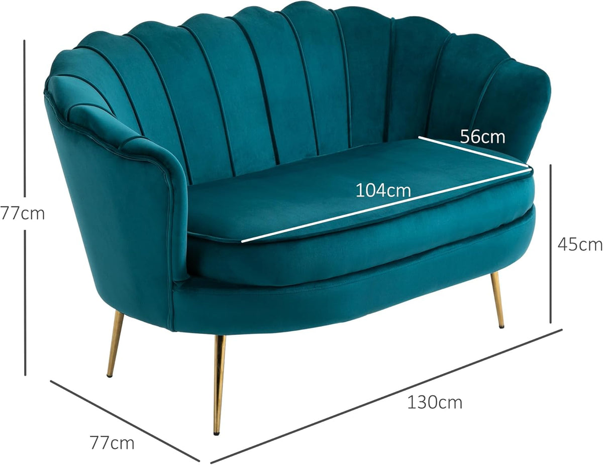 HOMCOM 2-Seater Velvet Fabric Sofa, Small Sofa, Shell Shape, with 10cm Thick Cushion, Metal Frame, Tapered Gold Legs, Easy to Assemble, Duck Blue