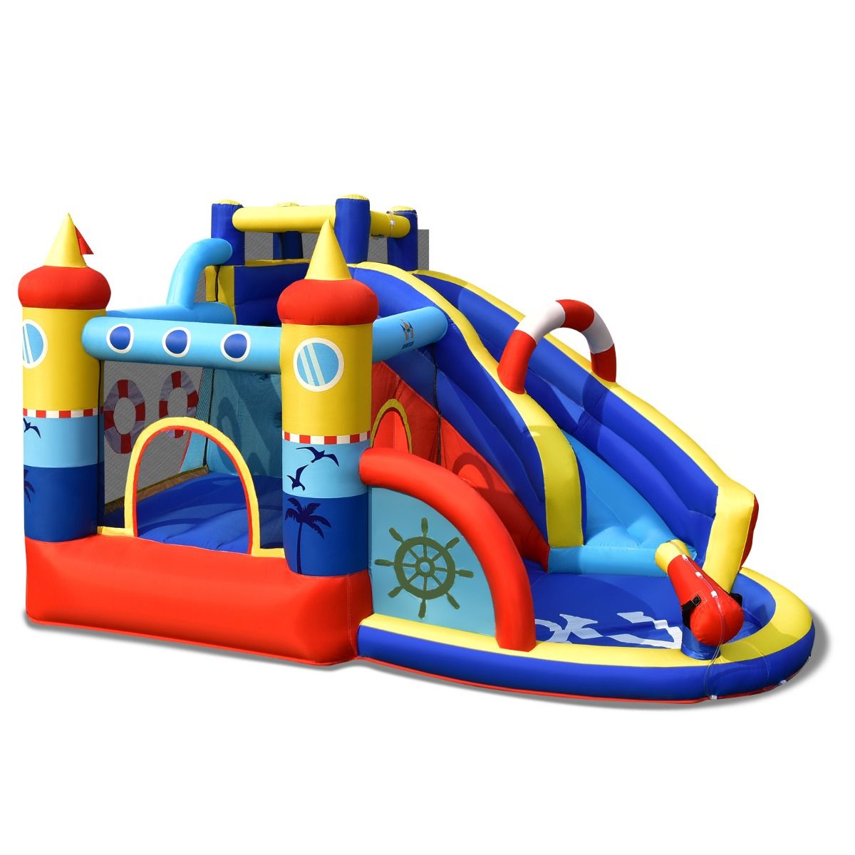 Inflatable Boat-Style Castle with Curved Slide, Jumping Area, Climbing Wall with 450W Inflator -