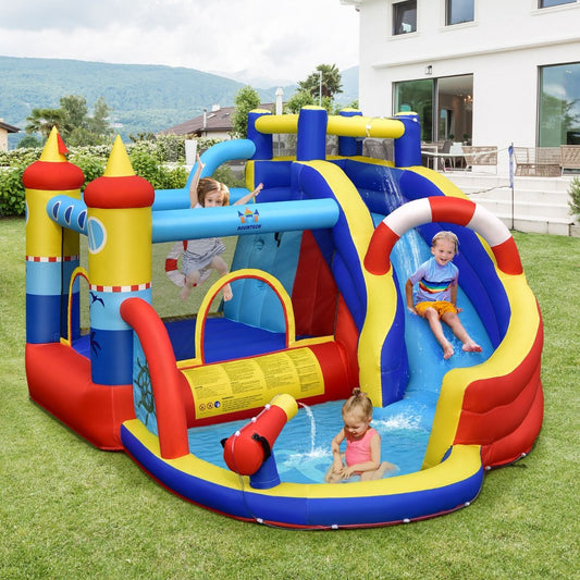 Inflatable Boat-Style Castle with Curved Slide, Jumping Area, Climbing Wall with 450W Inflator -