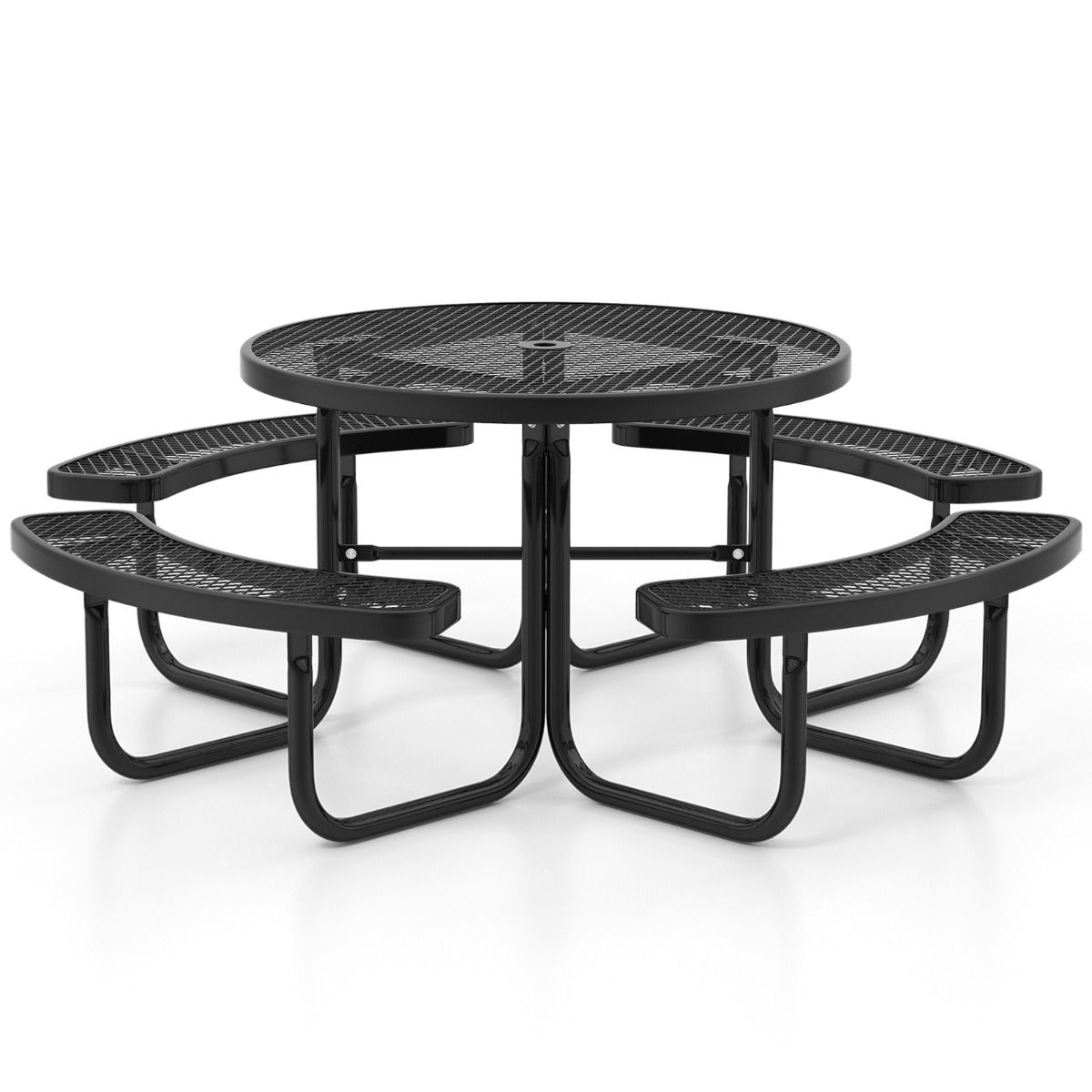 Round Picnic Table with 4 Built-in Benches for 8 People, Metal Camping Table with Seats and Parasol Hole, 202x75cm, Black