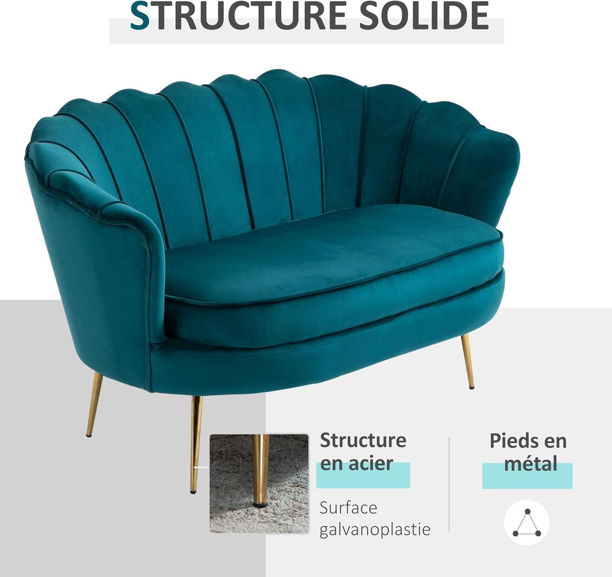 HOMCOM 2-Seater Velvet Fabric Sofa, Small Sofa, Shell Shape, with 10cm Thick Cushion, Metal Frame, Tapered Gold Legs, Easy to Assemble, Duck Blue