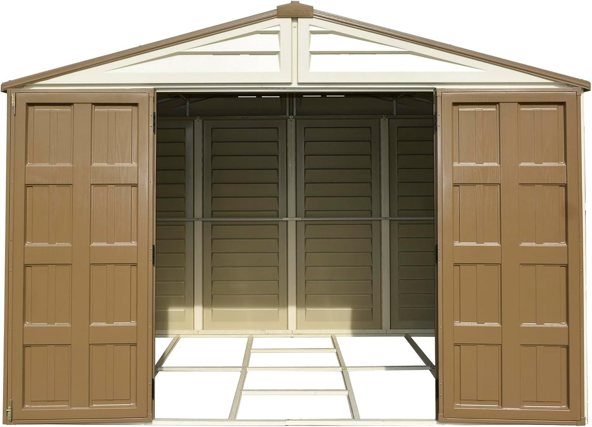 Duramax WoodBridge Plus 10 x 8 (7.64 m2) Plastic Garden Shed with 1 Fixed Window and Metal Foundation Kit, Sturdy Metal Roof Structure and Maintenance-Free Garden Shed - Ivory/Brown