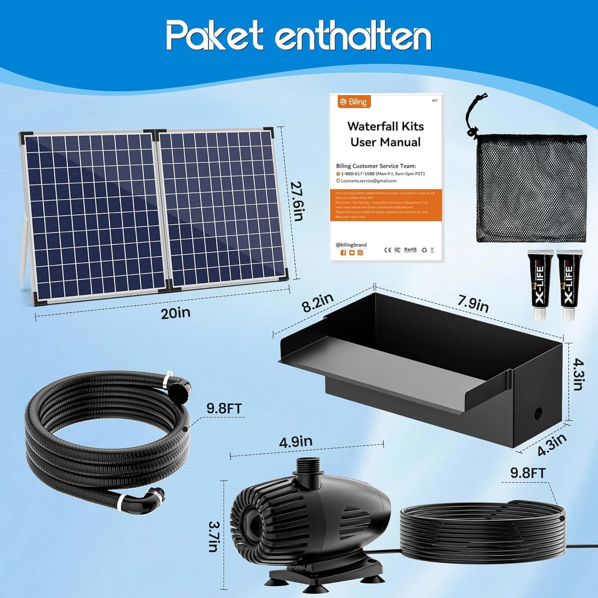Biling complete solar waterfall kit for garden ponds, 20cm stainless steel waterfall with 2100 l/h pump for garden terrace water feature