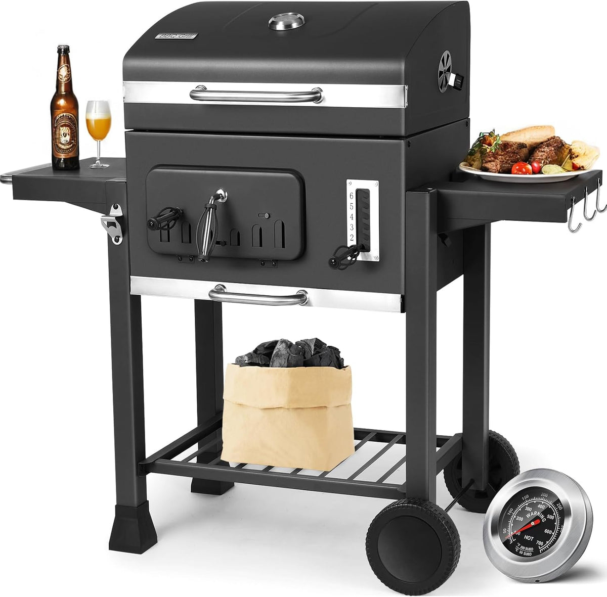 XL Charcoal Barbecue, Barbecue Cart, XL Charcoal Grill with Lid, Wheels and Thermometer, Height Adjustable, Large Charcoal Barbecue, for Camping and Garden, Black