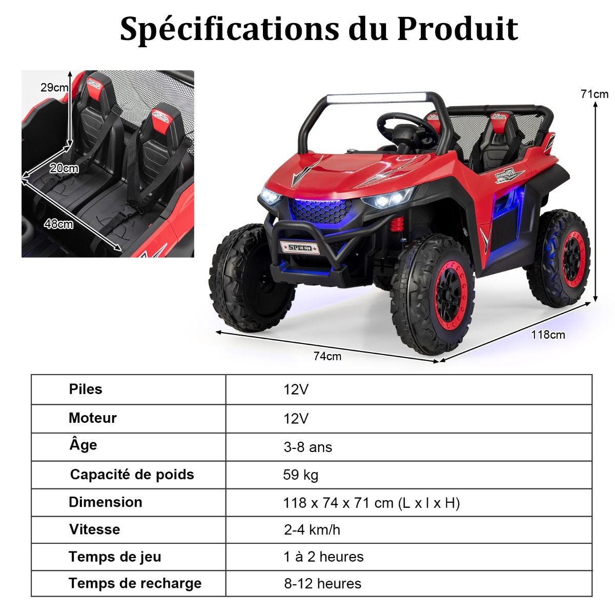 12V Electric Ride-On Car for Children Ages 3-8, 2 Speeds, Spring Suspension, 59KG Load Capacity, 118x74x71CM, Black/Pink/Red