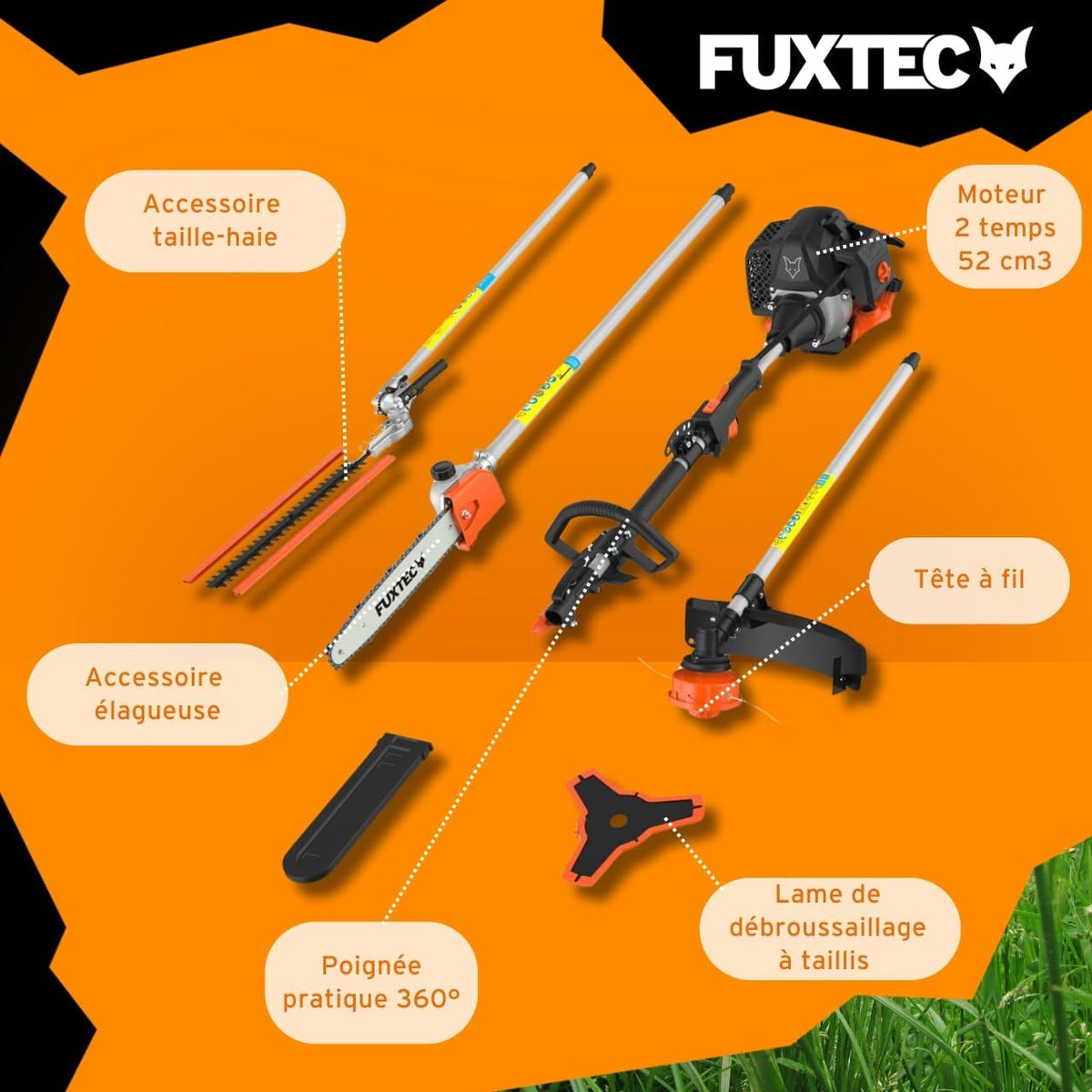 Fuxtec FX-MT152E 5-in-1 Multi-Tool Petrol Brush Cutter - Easy Starter, 3 HP, 52 cc, 2-Stroke Engine, Pruner, Hedge Trimmer, Edger with Cord or Blade, 1 Meter Extension