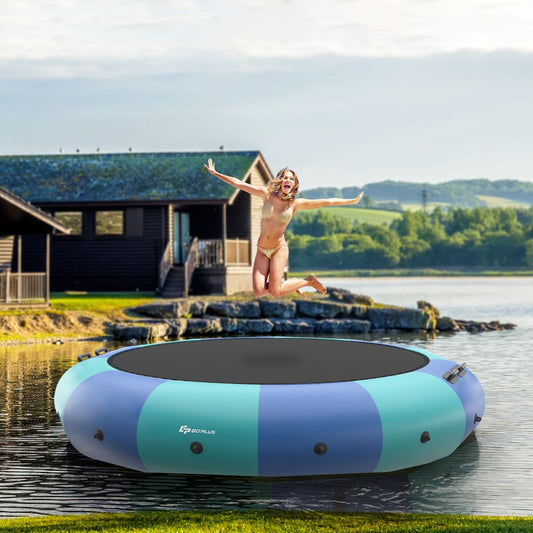 Inflatable Water Trampoline, 457cm Diameter, 150kg Capacity, with Repair Kit, Ladder and 500w Electric Inflator, Blue -