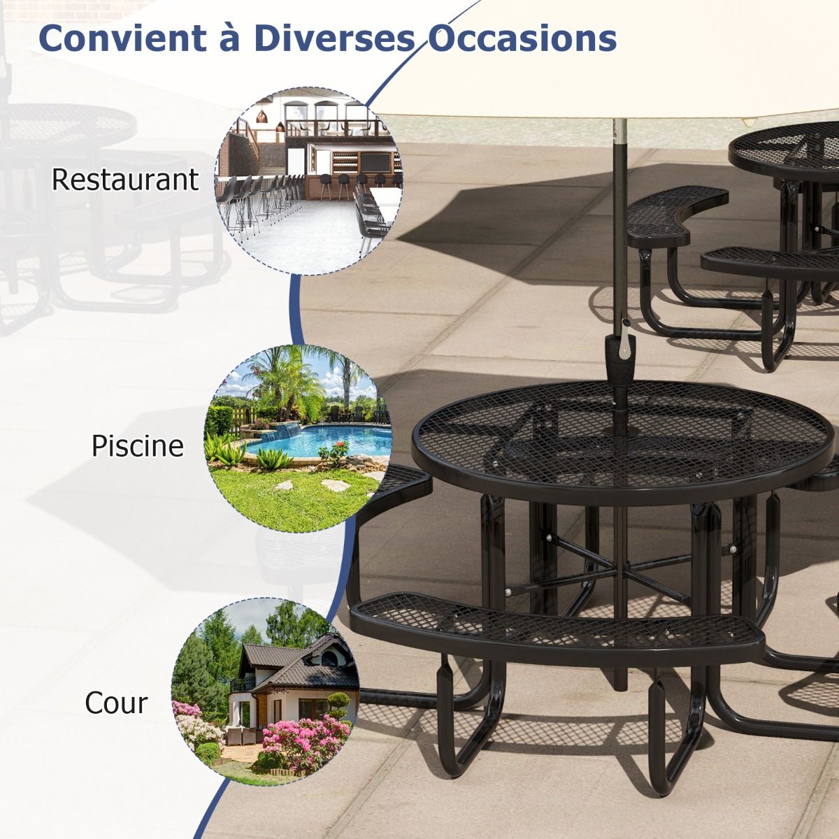 Round Picnic Table with 4 Built-in Benches for 8 People, Metal Camping Table with Seats and Parasol Hole, 202x75cm, Black