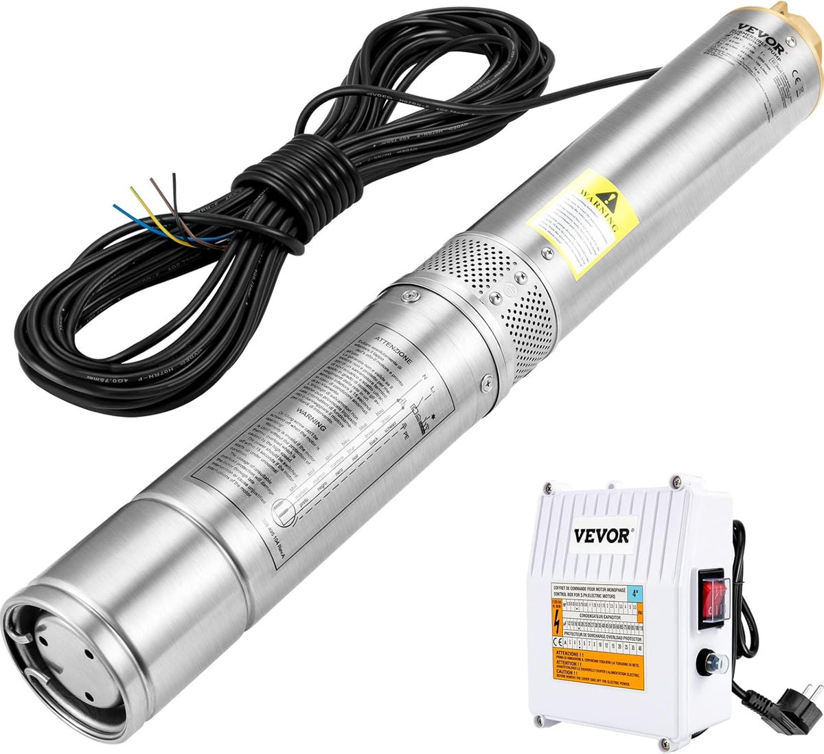 VEVOR Submersible Well Pump 190 L/min 57 m Deep Well Water Pump in Stainless Steel, 1100 W Electric Water Pump, Automatic Submersible Well Pump for Domestic, Agricultural, and Industrial Use