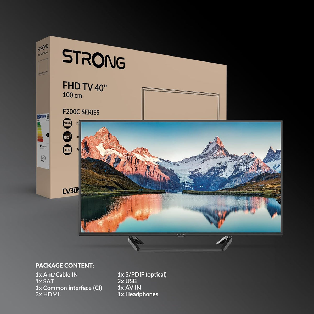 STRONG - 40 Inch (100 cm) Full HD Television SRT40FF2003C - Exceptional Picture Quality - Integrated Triple Tuner - 3 HDMI Ports (1 ARC) + 2 USB Ports + AV + Antenna/Satellite Input - Black