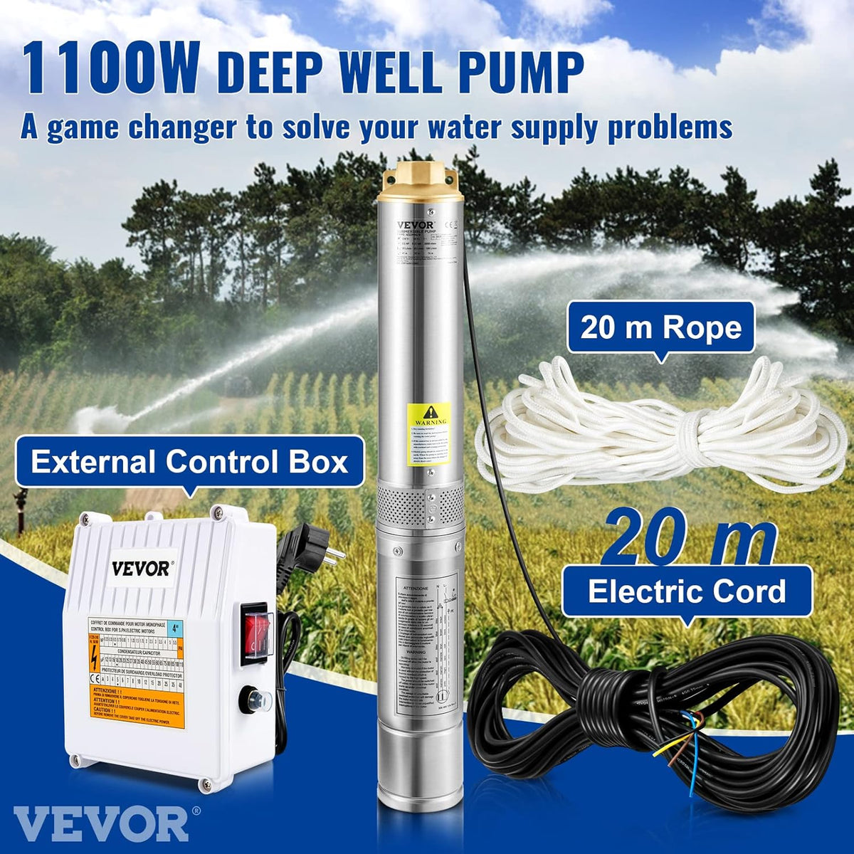 VEVOR Submersible Well Pump 190 L/min 57 m Deep Well Water Pump in Stainless Steel, 1100 W Electric Water Pump, Automatic Submersible Well Pump for Domestic, Agricultural, and Industrial Use