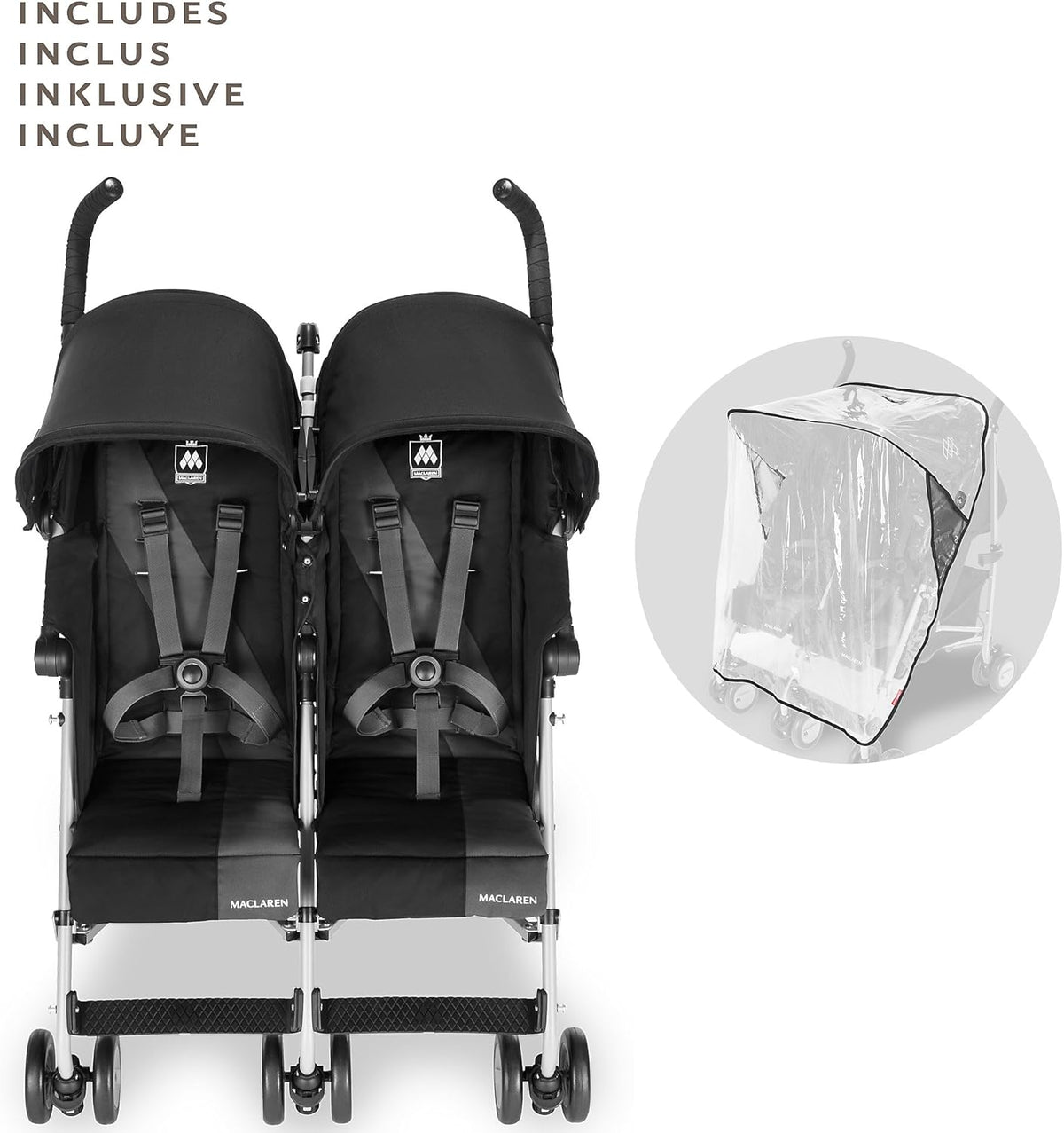 Maclaren Twin Triumph double stroller (6 months, up to 15 kg, one child per seat), lightweight and compact, extendable UPF 50+ canopy with rain cover - Black/Anthracite