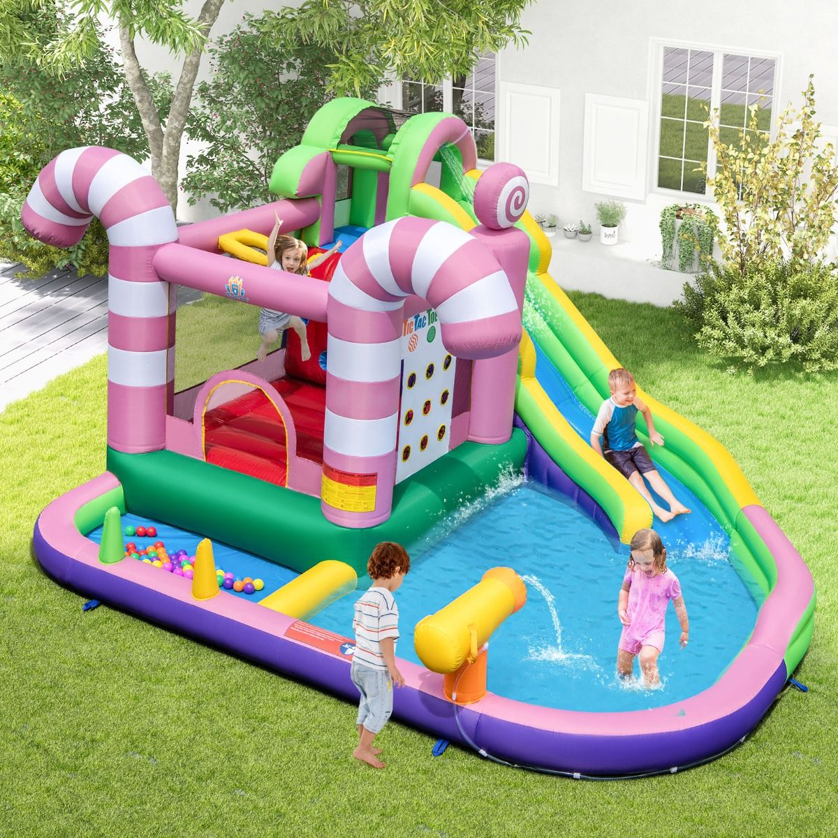 9-in-1 Candy-Shaped Inflatable Castle with Slide, Inflatable Jump House with Water Gun, 90kg Load Capacity for 2 Children Aged 3-10 Years -