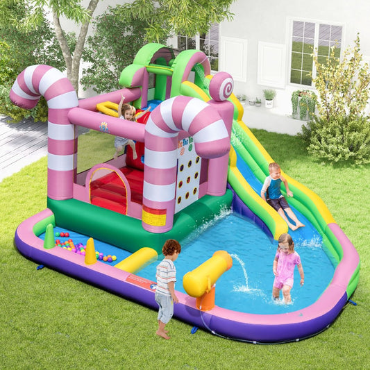 9-in-1 Candy-Shaped Inflatable Castle with Slide, Inflatable Jump House with Water Gun, 90kg Load Capacity for 2 Children Aged 3-10 Years -