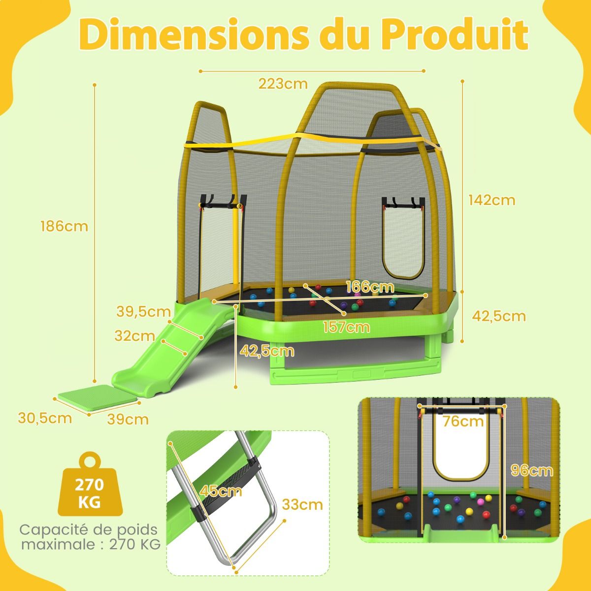 Outdoor Trampoline ? 223cm with Slide & Ladder with Safety Net, 2 U-Shaped Doors, Load Capacity 270kg for 2-3 Children Aged 3+, Blue/Green
