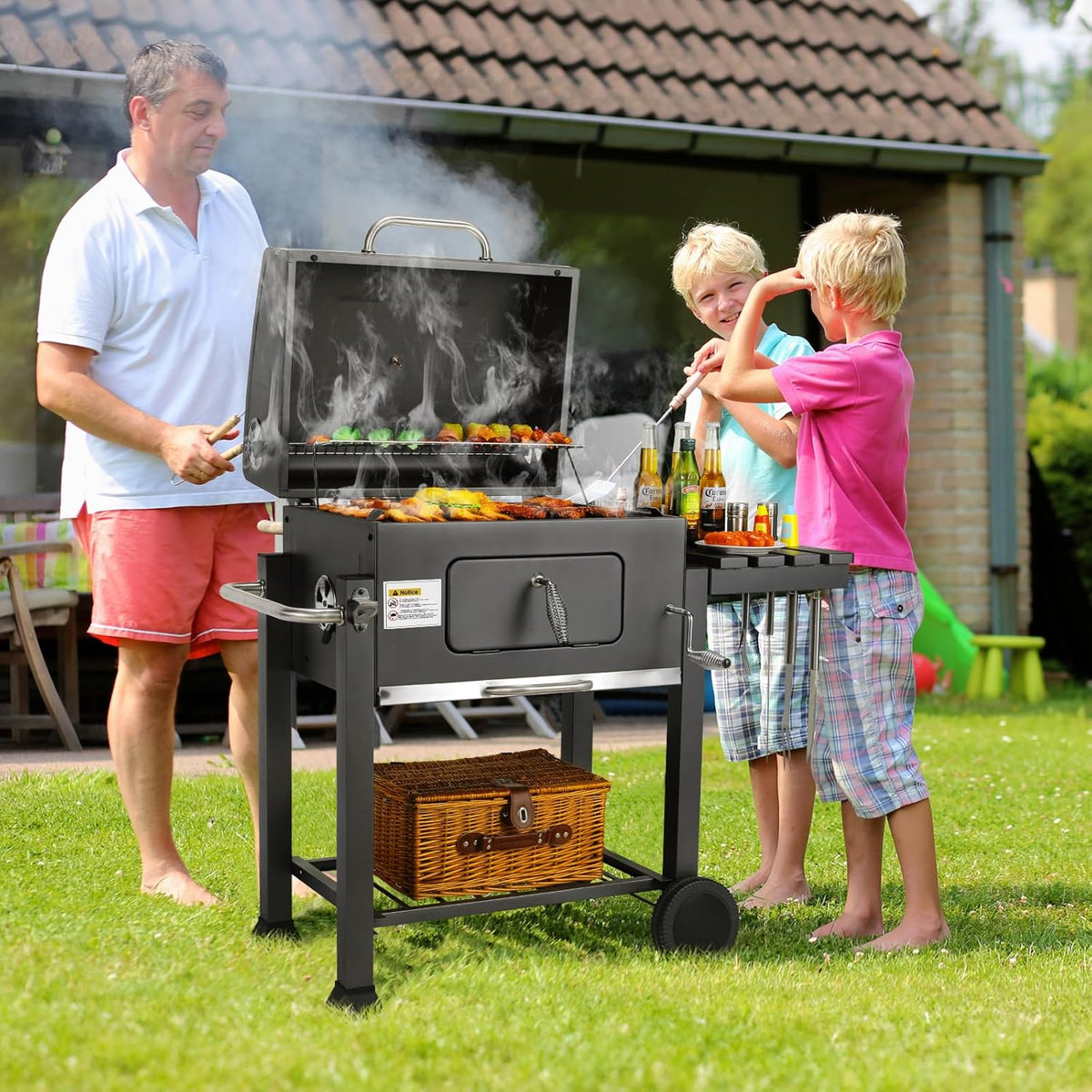 XL Charcoal Barbecue, Barbecue Cart, XL Charcoal Grill with Lid, Wheels and Thermometer, Height Adjustable, Large Charcoal Barbecue, for Camping and Garden, Black
