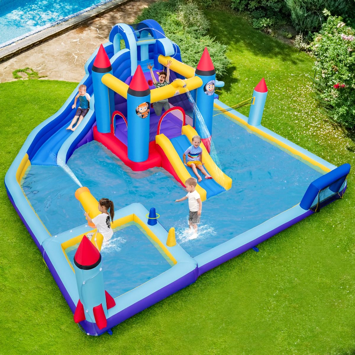 Inflatable Castle with Water Slides, Rocket Theme for Children, Swimming Pool, Jumping Area, Water Gun, Climbing Wall, 850W Blower, Multicoloured -