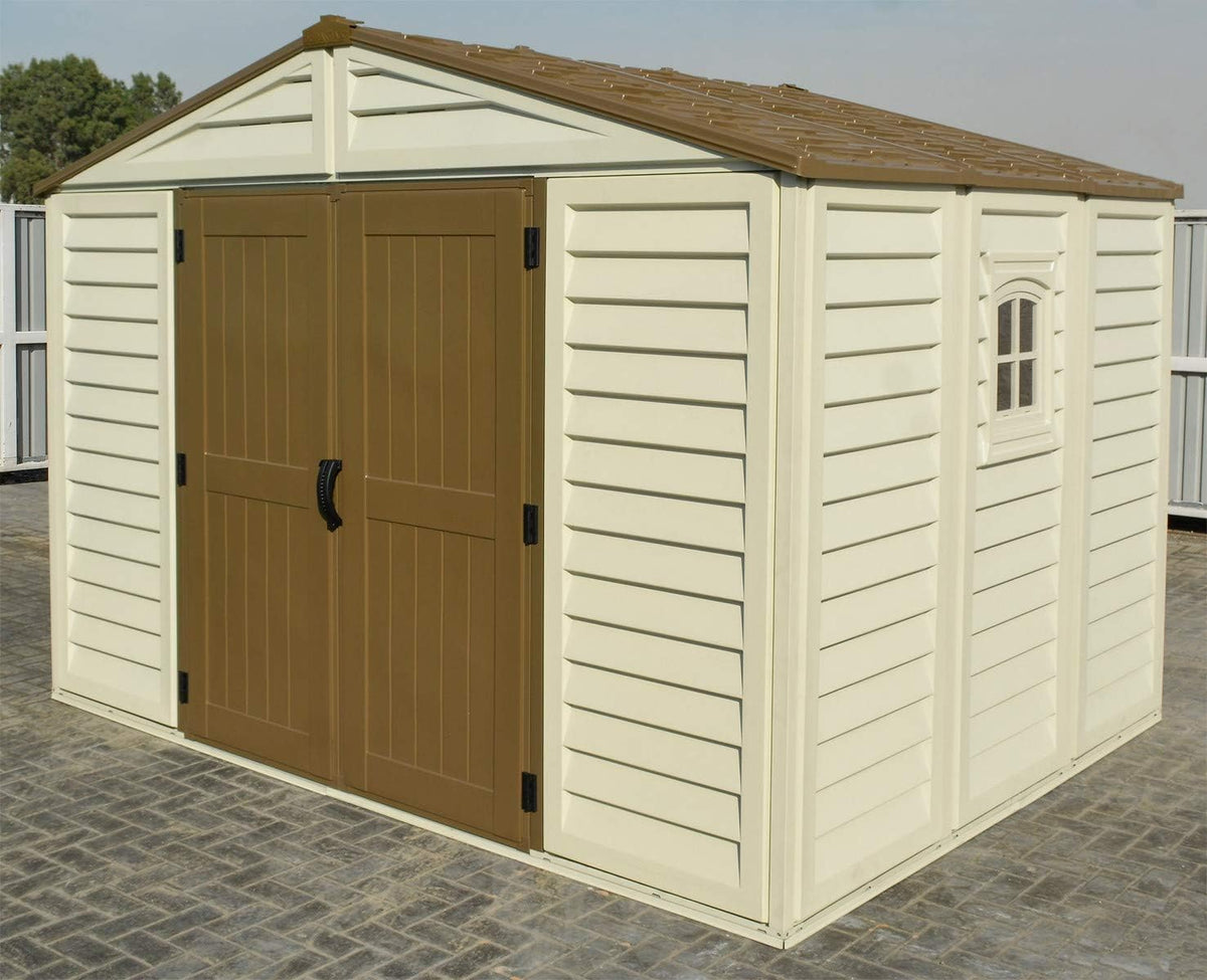 Duramax WoodBridge Plus 10 x 8 (7.64 m2) Plastic Garden Shed with 1 Fixed Window and Metal Foundation Kit, Sturdy Metal Roof Structure and Maintenance-Free Garden Shed - Ivory/Brown