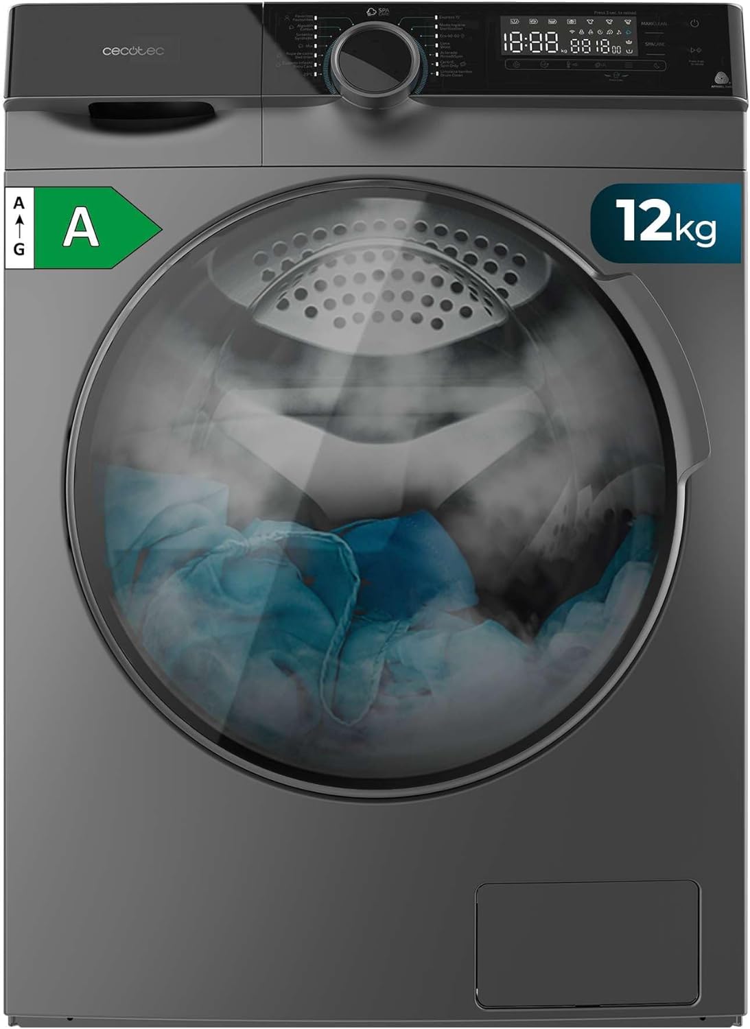 Cecotec Bolero DressCode 121000 Steel 12kg Front Loading Washing Machine. 1400 rpm max adjustable, 2000 W, WoolMark certified, Inverter Plus motor, 14 programs, Spa Care, delayed start.