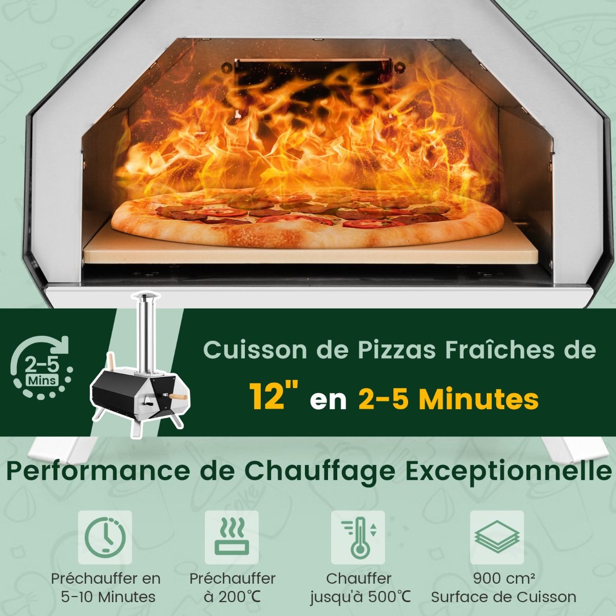 Outdoor Stainless Steel Pizza Oven with 30.5cm Pizza Stone, Wood-Fired Pizza Oven with Peel, Fireguard, and Folding Legs