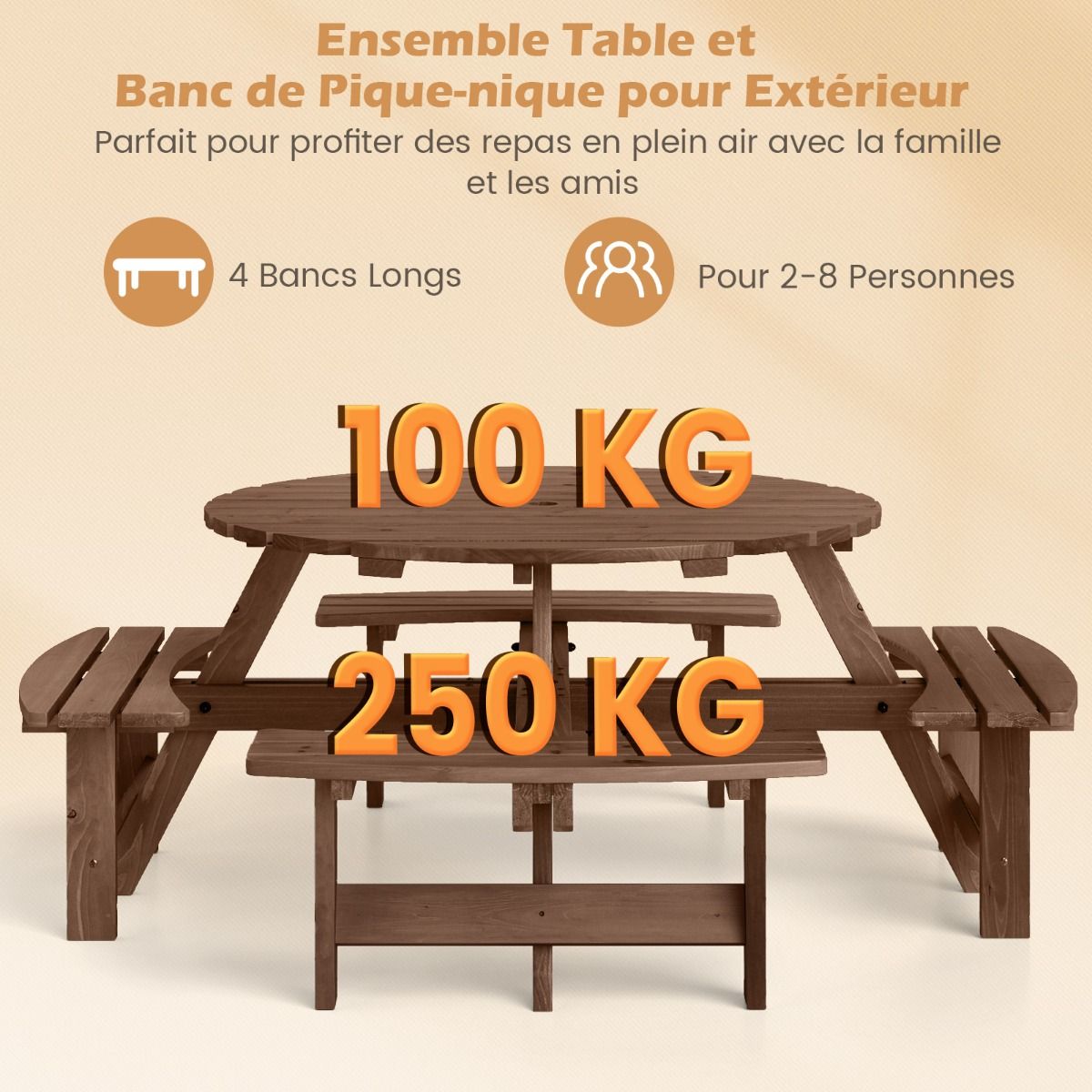 Wooden Picnic Table Set for 2 to 8 People, Circular Table and Bench Set with 4 Integrated Benches, 5cm Parasol Hole, Brown/Yellow -