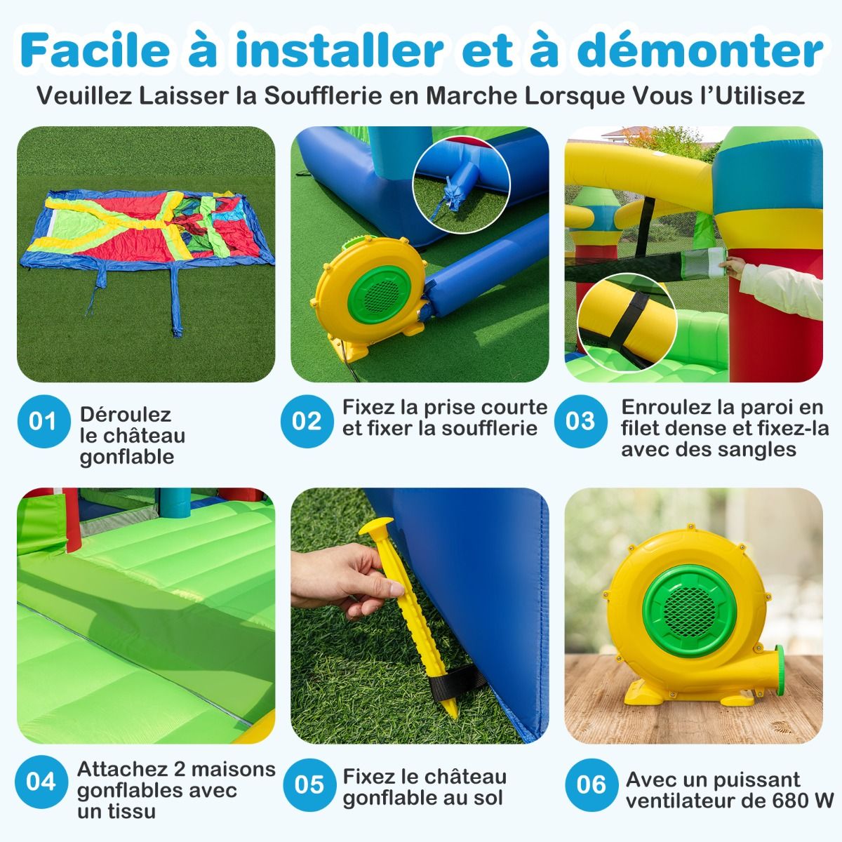 Inflatable Castle for 4 Children with 2 Slides, Tunnels, Bounce Zone, Climbing Wall, Obstacles, Playhouse with 680W Blower -