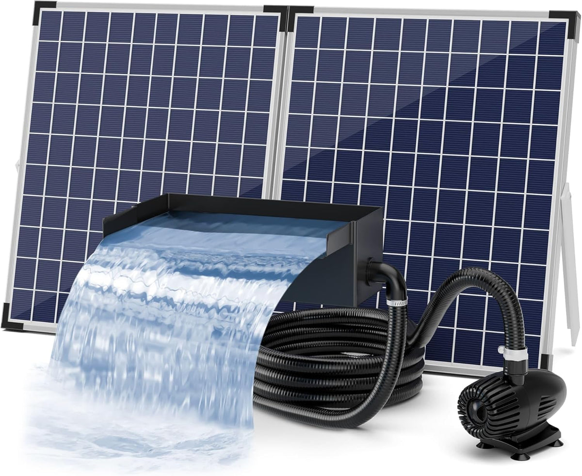 Biling complete solar waterfall kit for garden ponds, 20cm stainless steel waterfall with 2100 l/h pump for garden terrace water feature