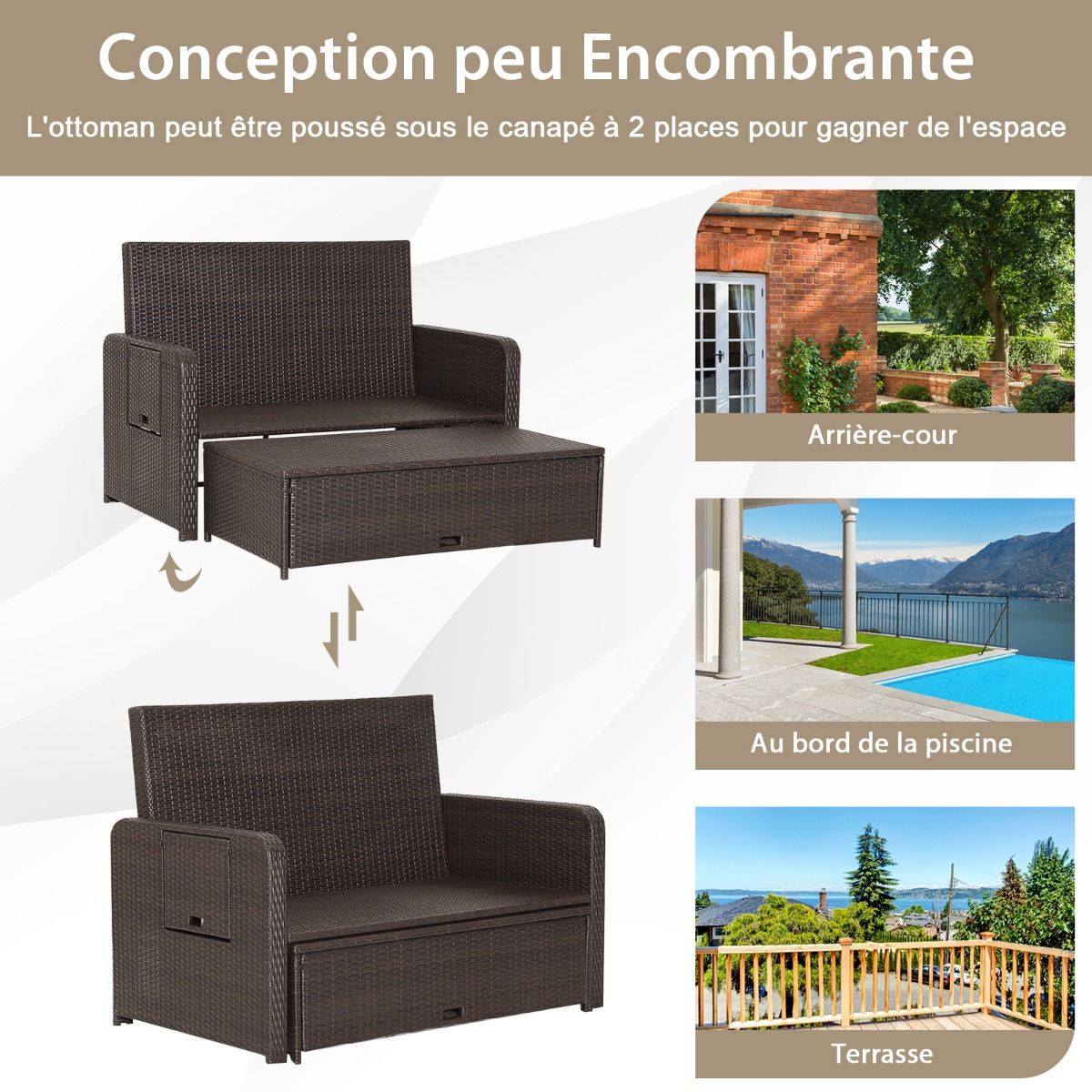 Adjustable Outdoor Garden Lounge Set with Bed, 2-Seater with Hidden Storage, 4-Level Adjustable Backrest in PE Rattan -
