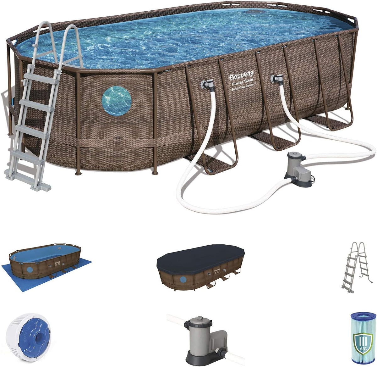 56946 Power Steel? Swim Vista oval pool 488 x 305 x 107 cm rattan pattern with portholes, sand filtration, ladder, cover and Chemconnect? diffuser
