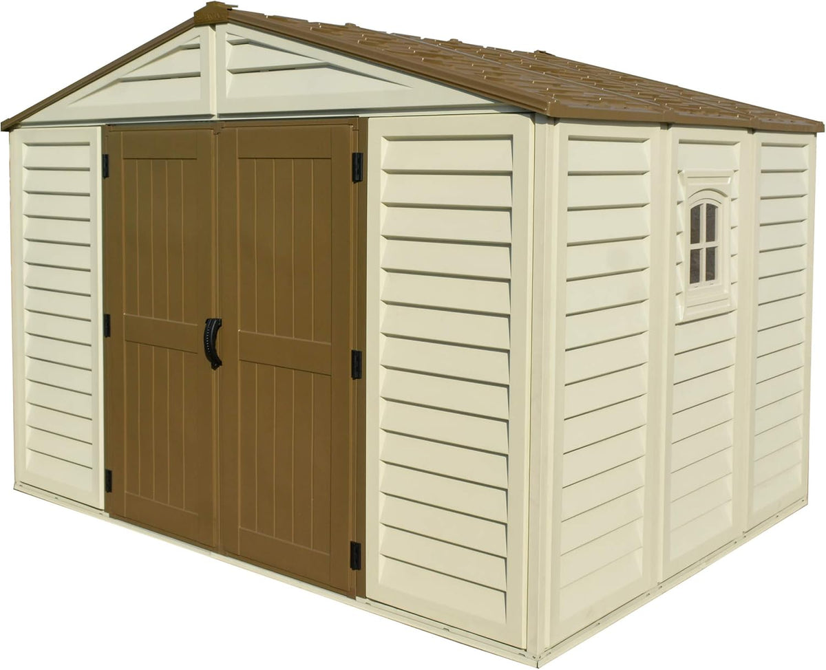 Duramax WoodBridge Plus 10 x 8 (7.64 m2) Plastic Garden Shed with 1 Fixed Window and Metal Foundation Kit, Sturdy Metal Roof Structure and Maintenance-Free Garden Shed - Ivory/Brown