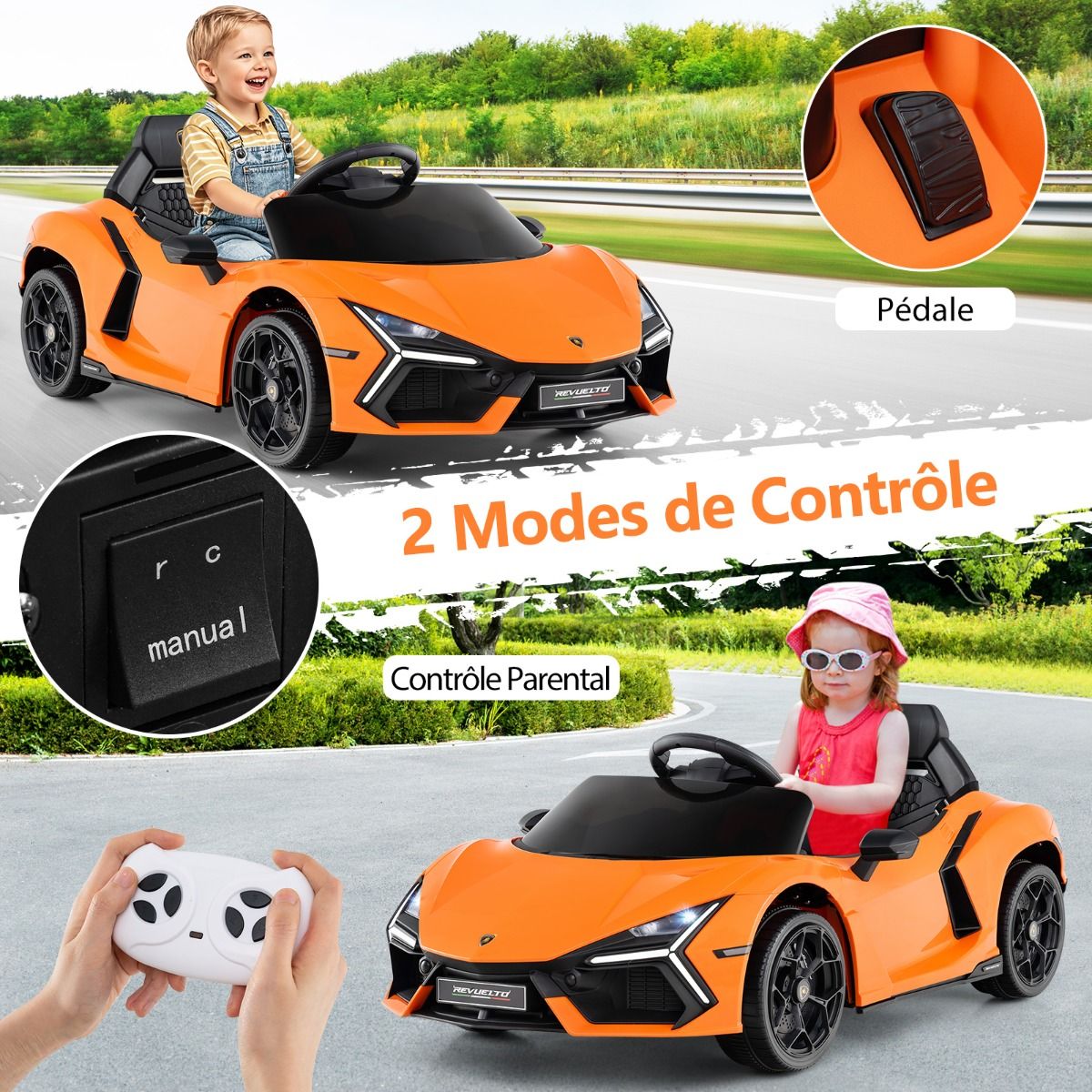 Revuelto Licensed 12V Electric Ride-On Car for Children with Remote Control and Hydraulic Doors, Suitable for Ages 37-95 Months, Grey/Orange