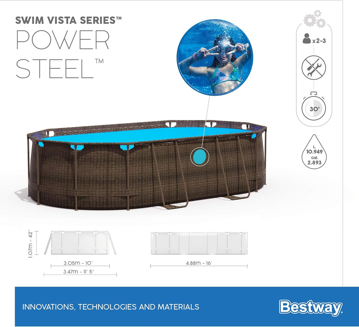 56946 Power Steel? Swim Vista oval pool 488 x 305 x 107 cm rattan pattern with portholes, sand filtration, ladder, cover and Chemconnect? diffuser