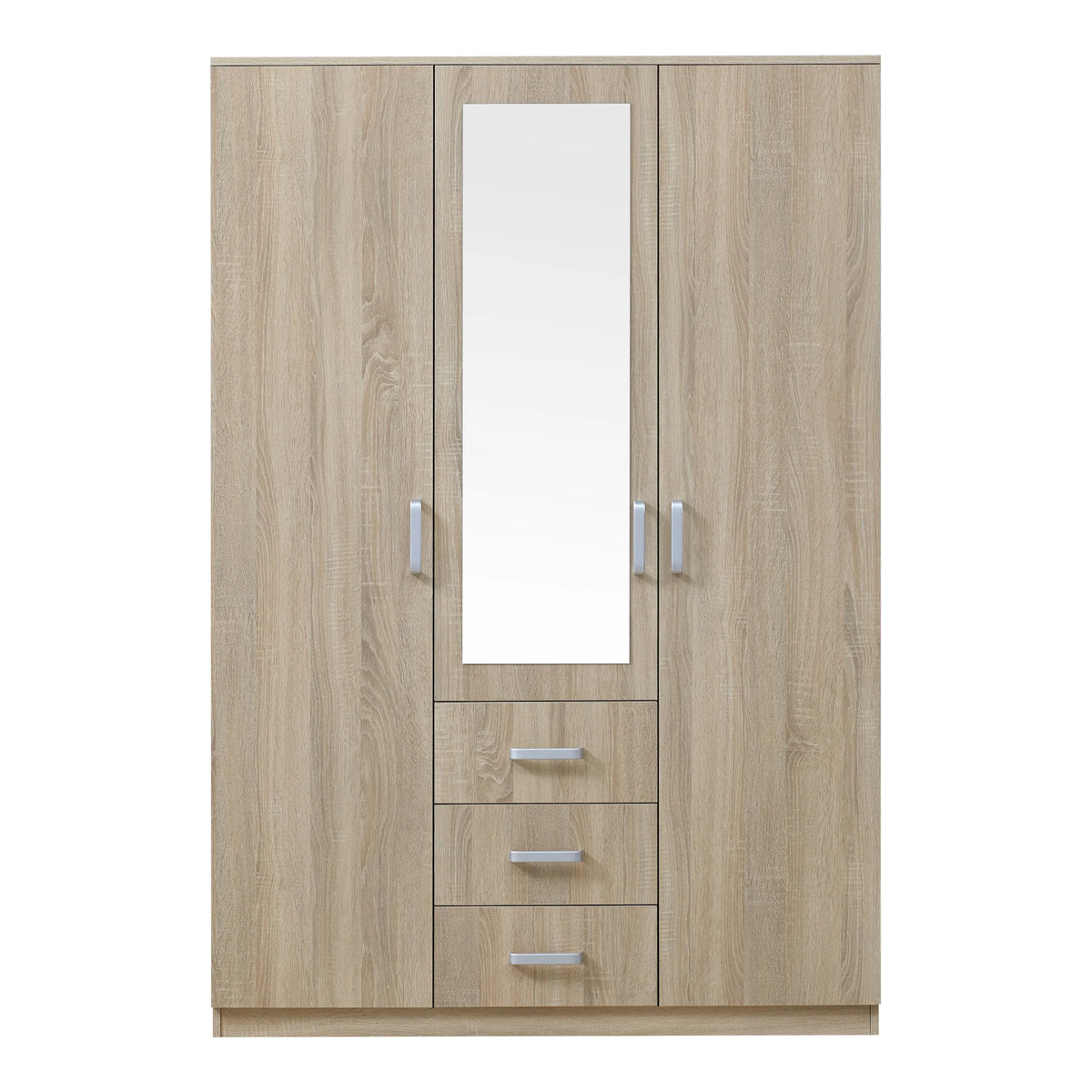 Modern wardrobe bedroom cabinet, timeless storage unit, 5 shelves, 3 drawers + mirror, MDF, 176 x 120 x 52 cm, Sonoma oak effect, 03_0006369