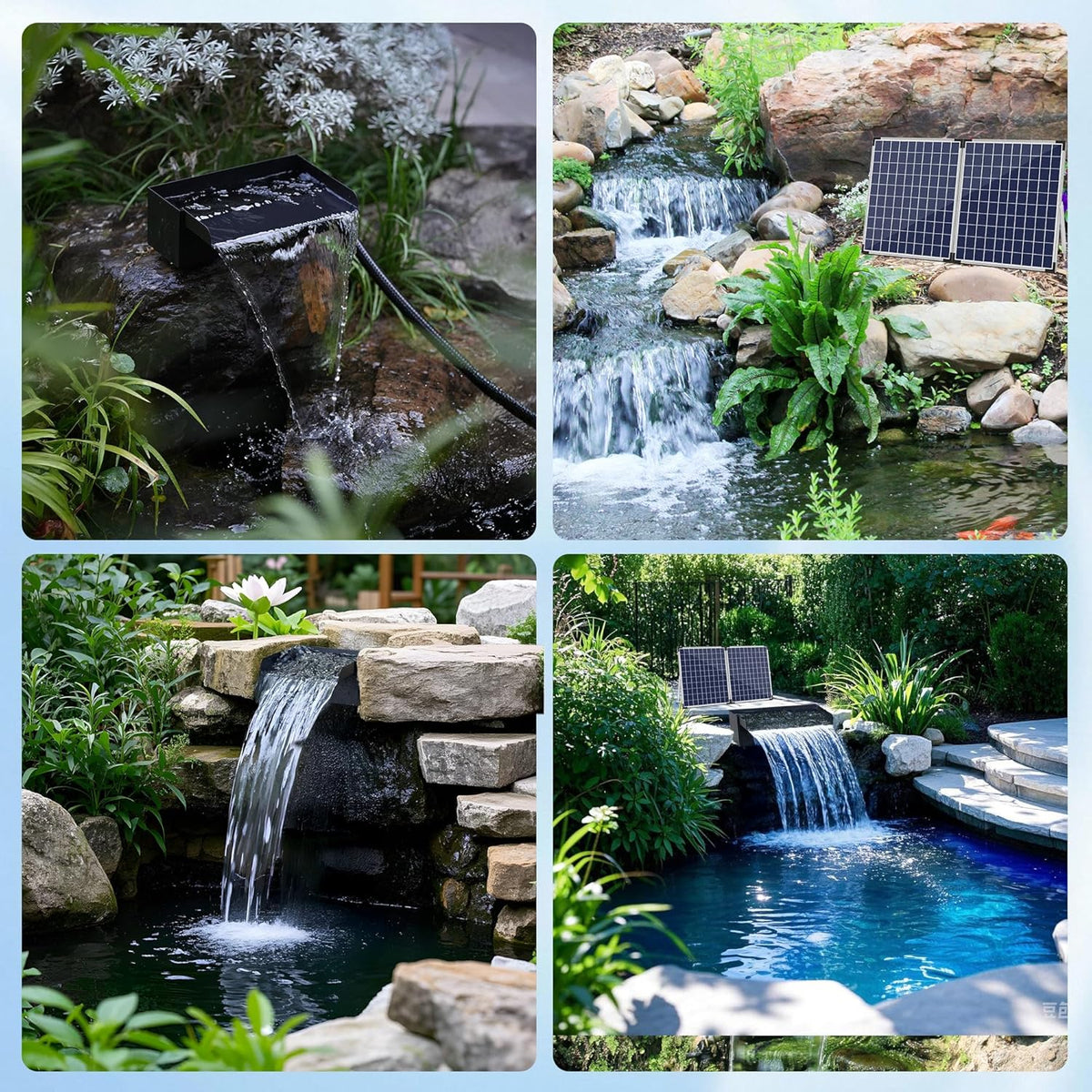 Biling complete solar waterfall kit for garden ponds, 20cm stainless steel waterfall with 2100 l/h pump for garden terrace water feature