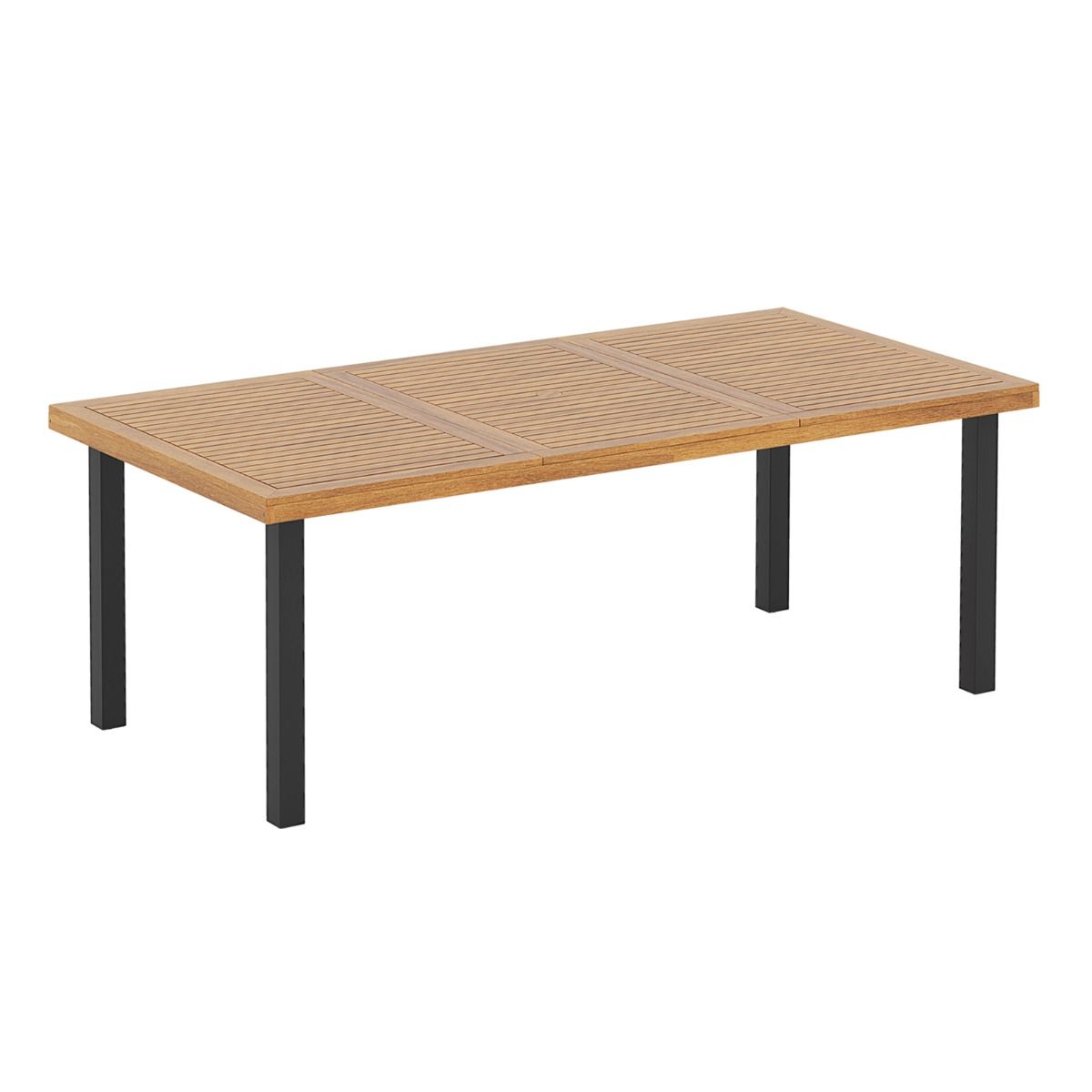 200cm Garden Table for 8 People, Acacia Wood Outdoor Table with Parasol Hole (5cm Diameter), Slatted Design, Metal Legs -