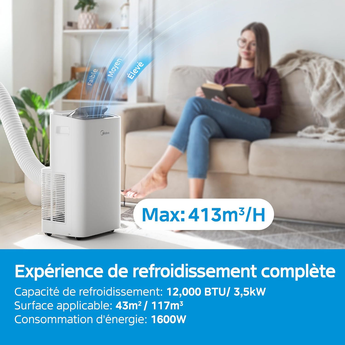 MIDEA 12000 BTU Silent Portable Air Conditioner with Exhaust - 3500W Ready-to-Install Portable Air Conditioner - Reversible Split System - 4 Modes with Window Kit and App Control