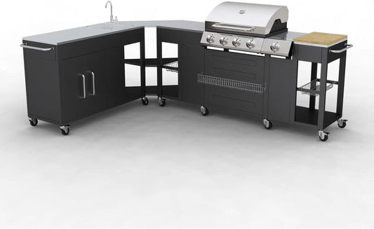Large gas barbecue (LPG, butane, propane) for outdoor cooking, 4 burners + 1 side burner, 1 sink, large stainless steel worktop, storage space, 8 wheels