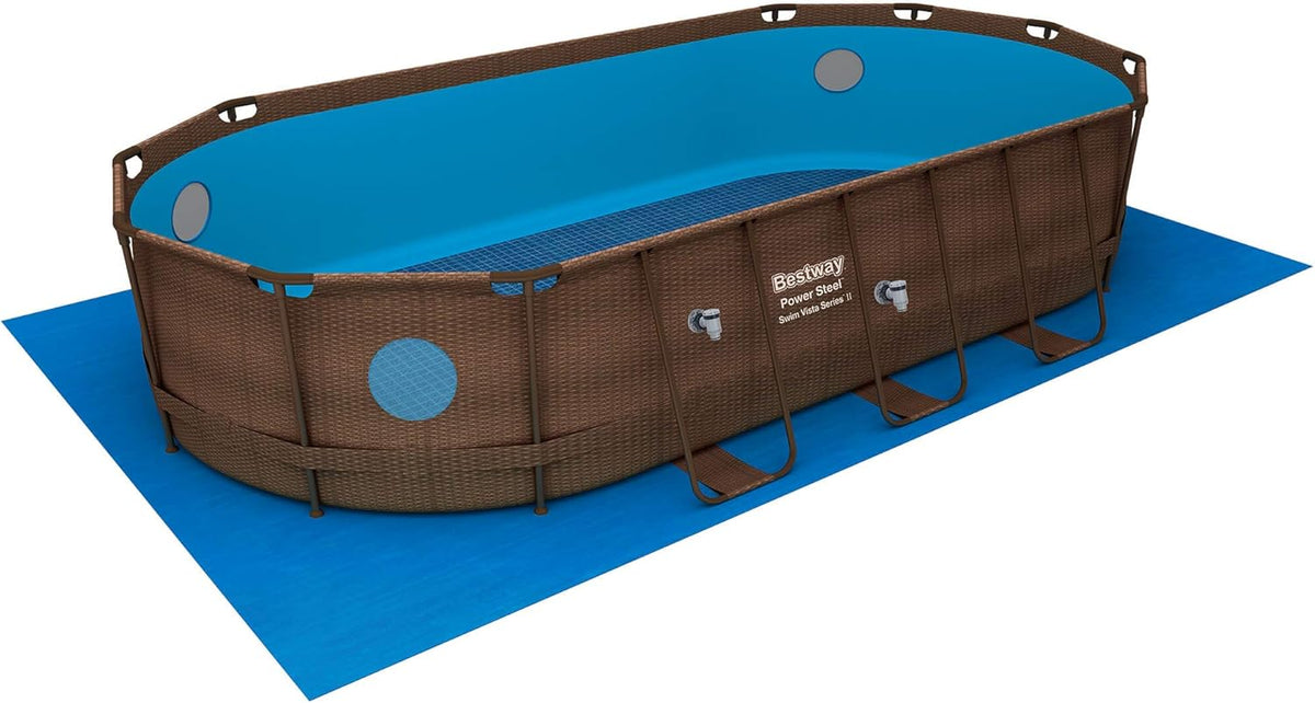 56946 Power Steel? Swim Vista oval pool 488 x 305 x 107 cm rattan pattern with portholes, sand filtration, ladder, cover and Chemconnect? diffuser