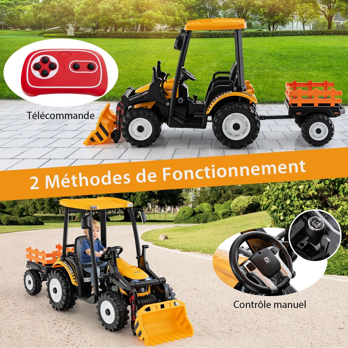 12V Electric Tractor for Children with Detachable Shovel & Trailer, 6-Wheel Electric Vehicle with Remote Control & Music, 3-6 km/h for Ages 3-8, Yellow/Green