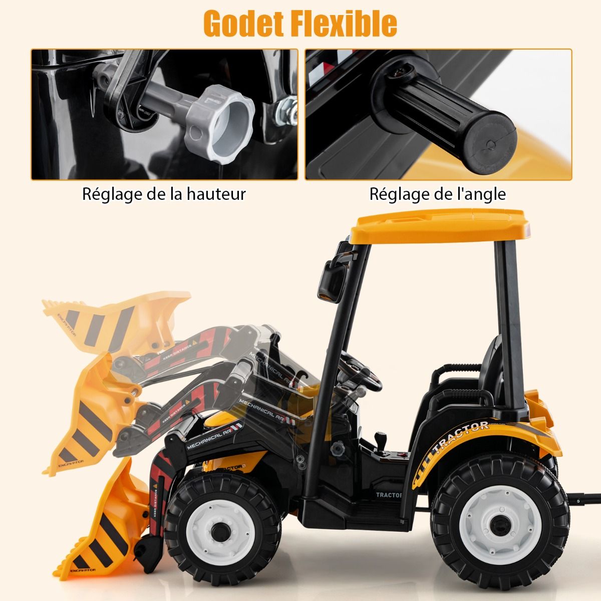 12V Electric Tractor for Children with Detachable Shovel & Trailer, 6-Wheel Electric Vehicle with Remote Control & Music, 3-6 km/h for Ages 3-8, Yellow/Green